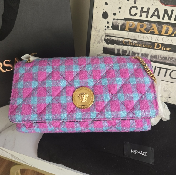 Versace Handbags - Versace Tweed Pink And Blue Two Way Bag NWT
